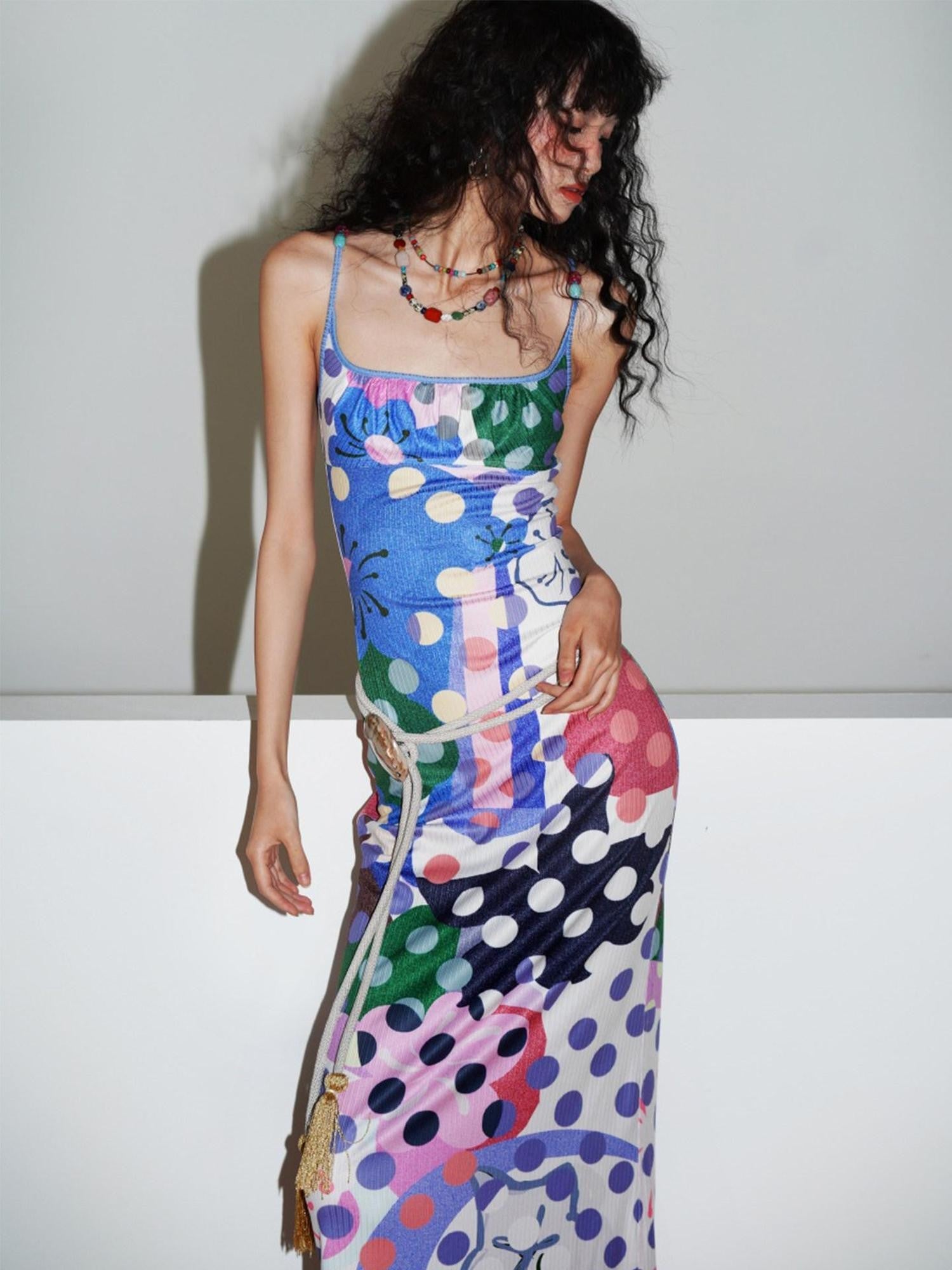 badtaste Western Colorblock Polka Dot Beaded Square Neck Women's Knit Slip Maxi Dresses