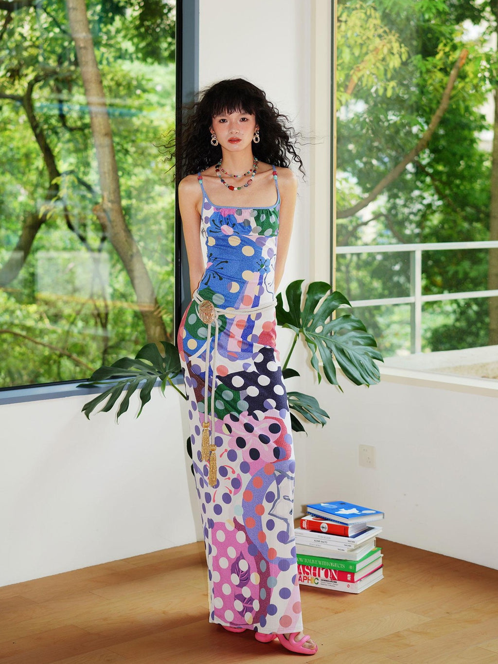badtaste Western Colorblock Polka Dot Beaded Square Neck Women's Knit Slip Maxi Dresses