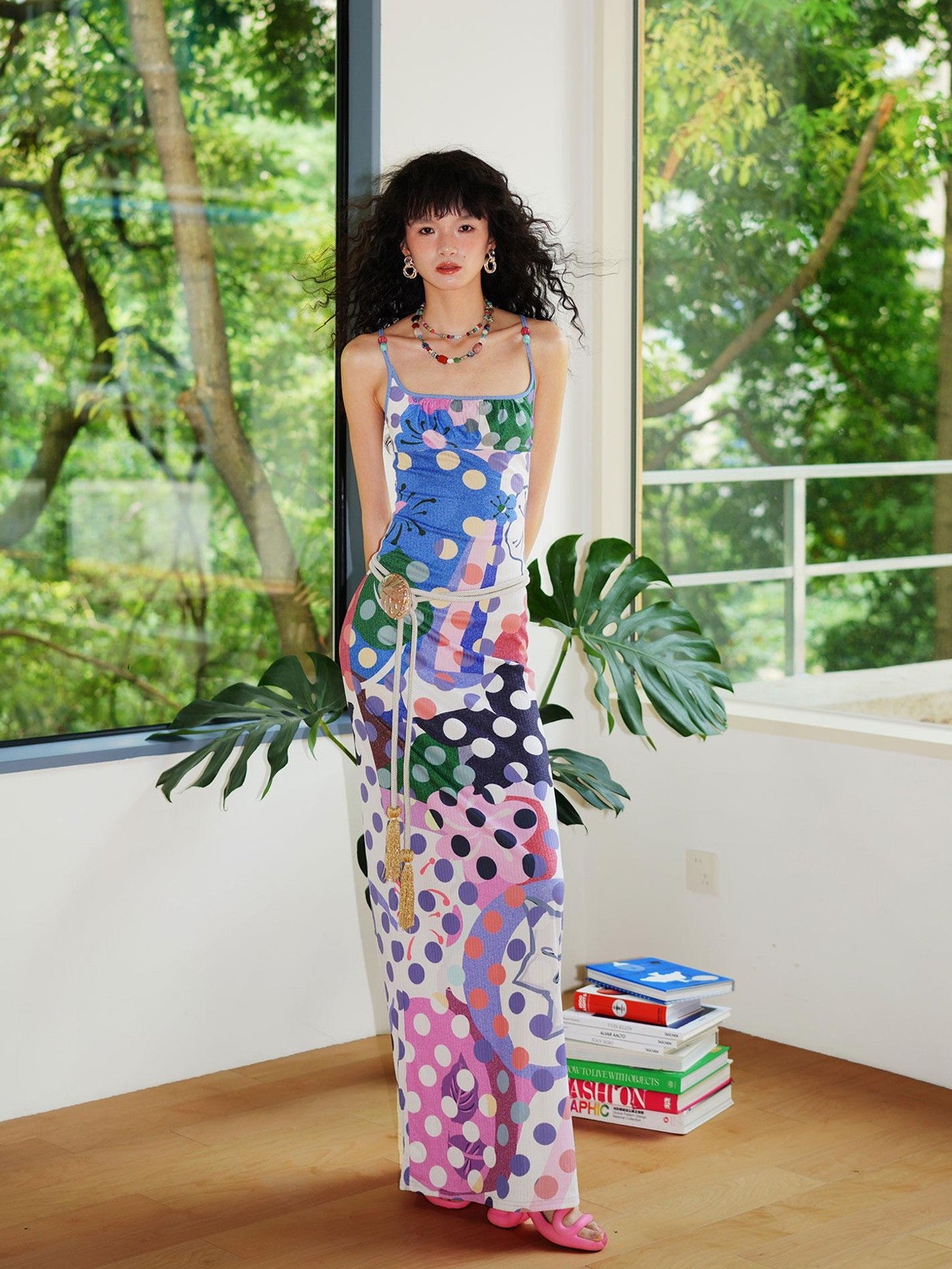 badtaste Western Colorblock Polka Dot Beaded Square Neck Women's Knit Slip Maxi Dresses