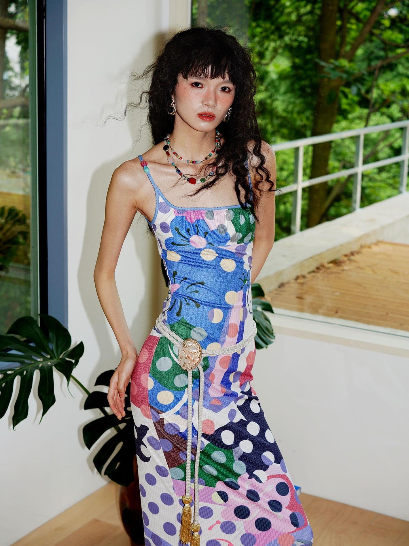 badtaste Western Colorblock Polka Dot Beaded Square Neck Women's Knit Slip Maxi Dresses