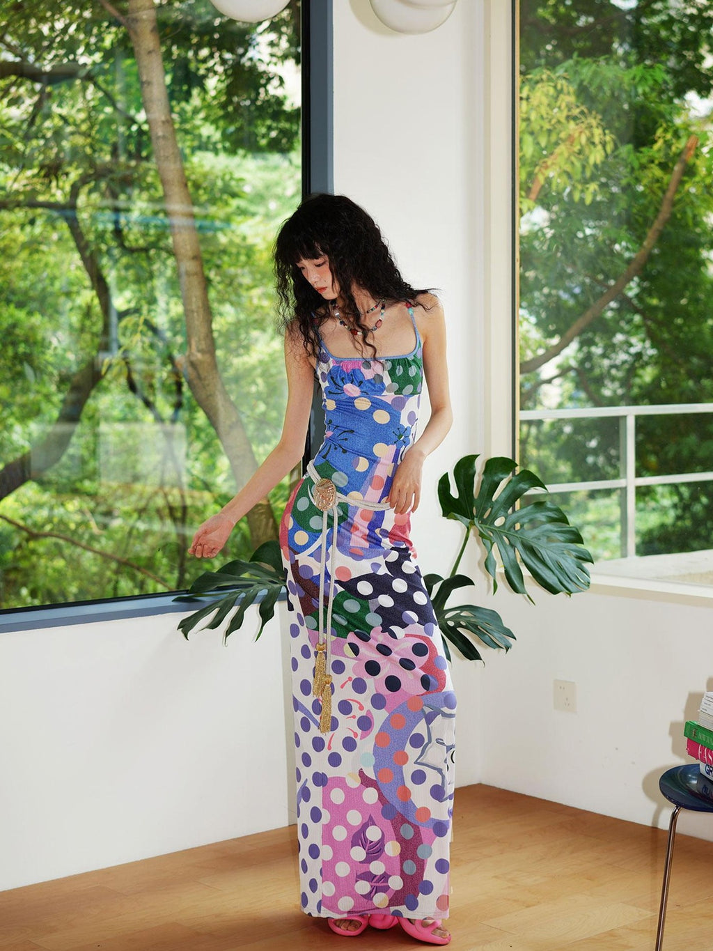 badtaste Western Colorblock Polka Dot Beaded Square Neck Women's Knit Slip Maxi Dresses
