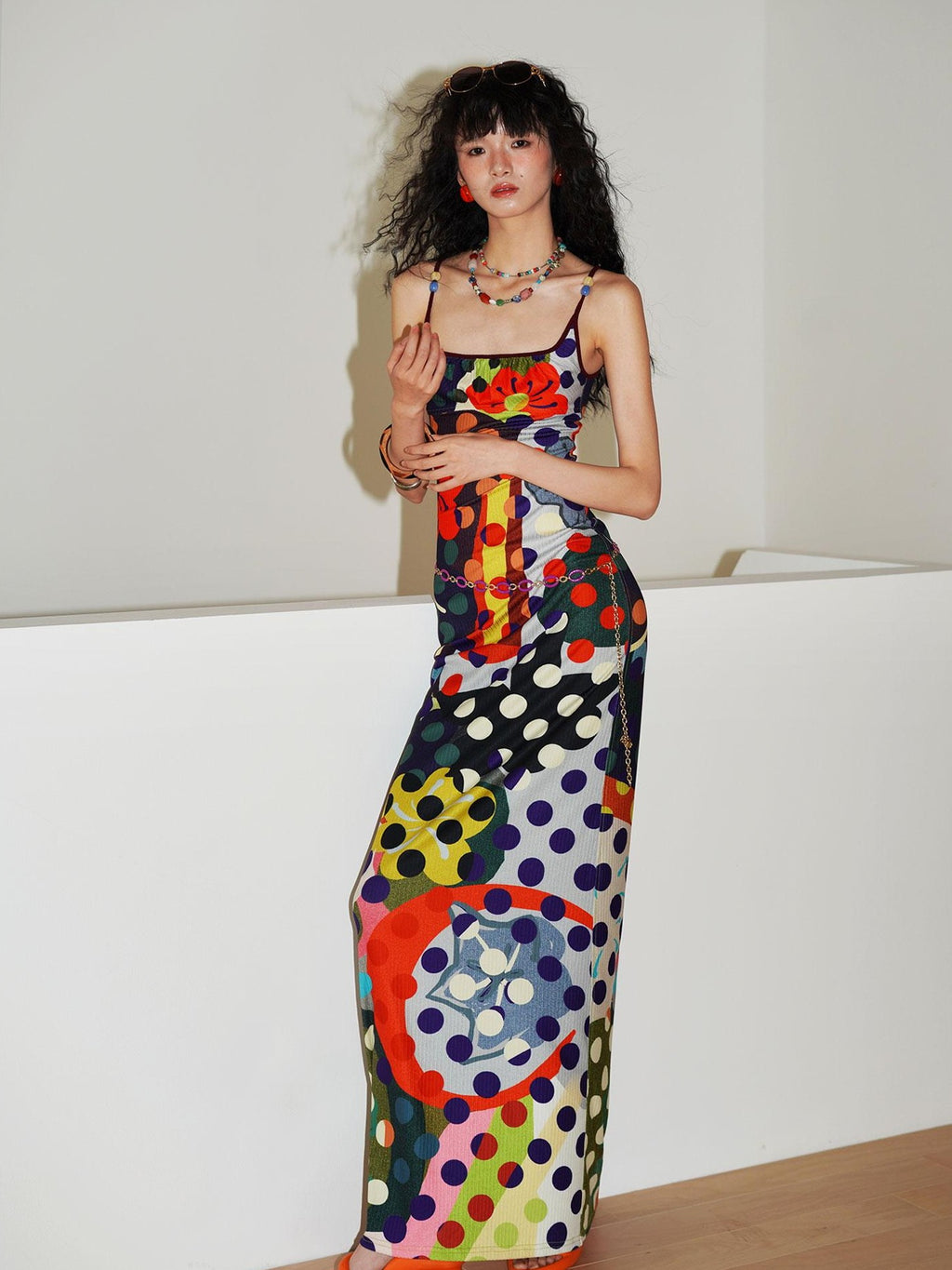 badtaste Western Colorblock Polka Dot Beaded Square Neck Women's Knit Slip Maxi Dresses