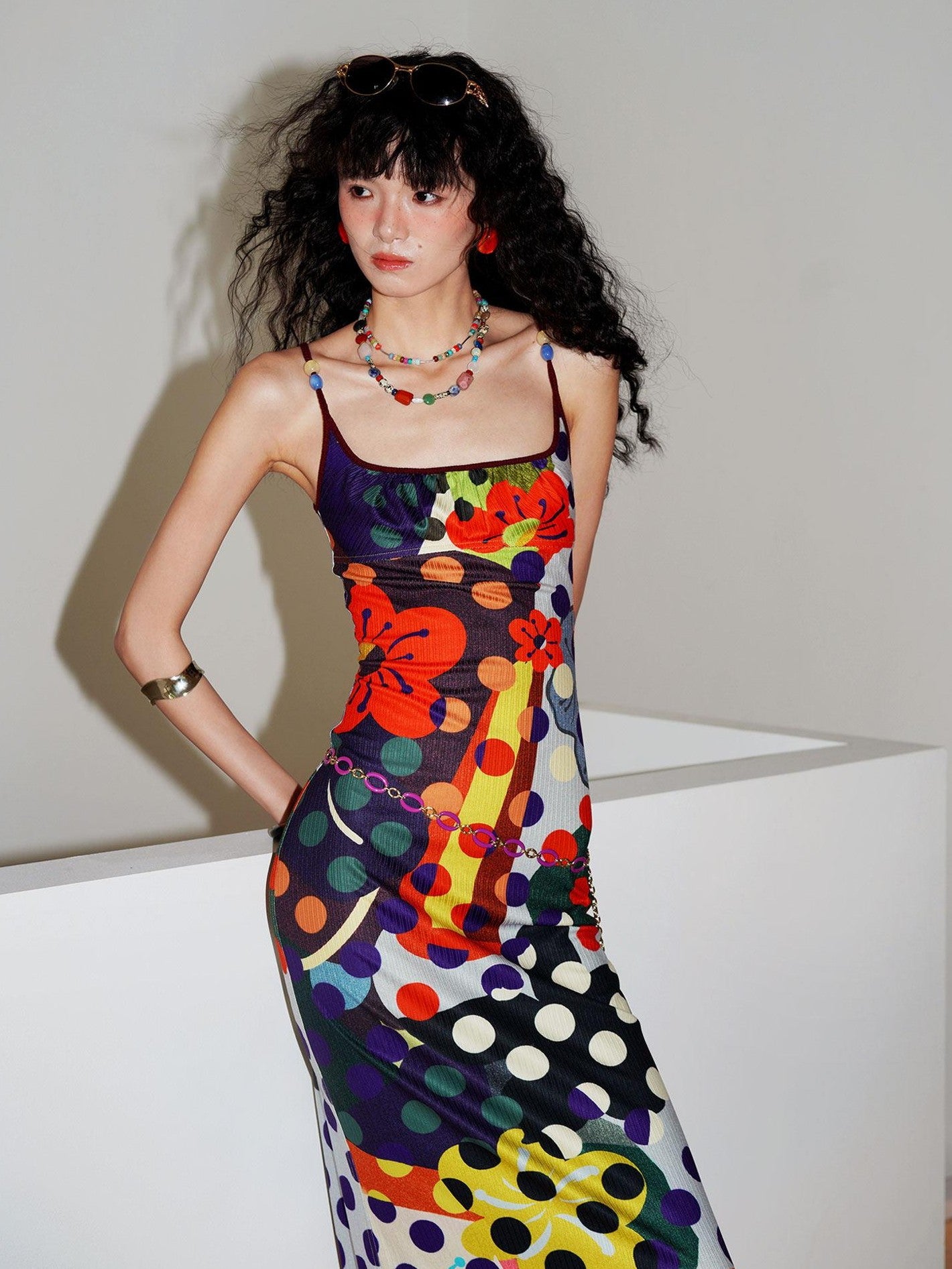 badtaste Western Colorblock Polka Dot Beaded Square Neck Women's Knit Slip Maxi Dresses