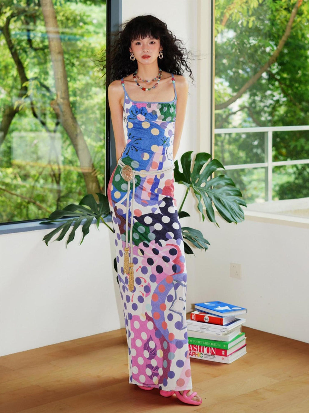 badtaste Western Colorblock Polka Dot Beaded Square Neck Women's Knit Slip Maxi Dresses