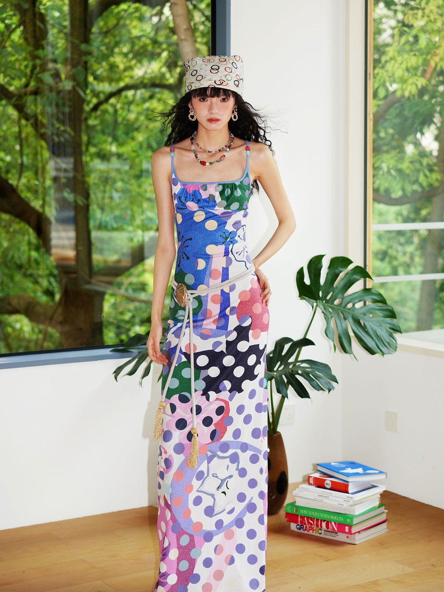 badtaste Western Colorblock Polka Dot Beaded Square Neck Women's Knit Slip Maxi Dresses