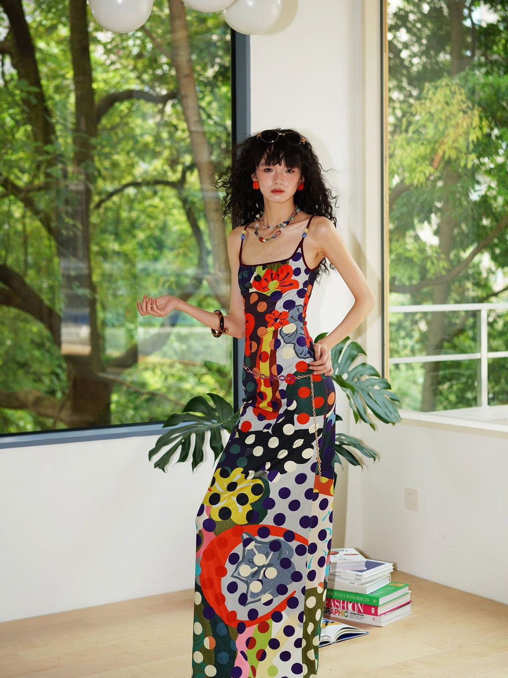 badtaste Western Colorblock Polka Dot Beaded Square Neck Women's Knit Slip Maxi Dresses