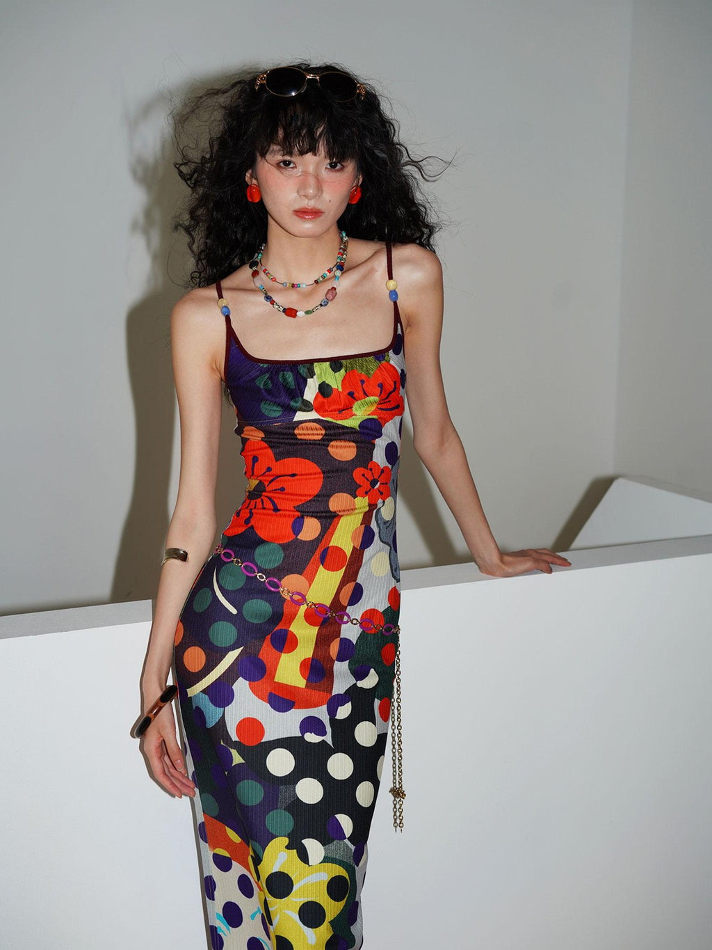 badtaste Western Colorblock Polka Dot Beaded Square Neck Women's Knit Slip Maxi Dresses
