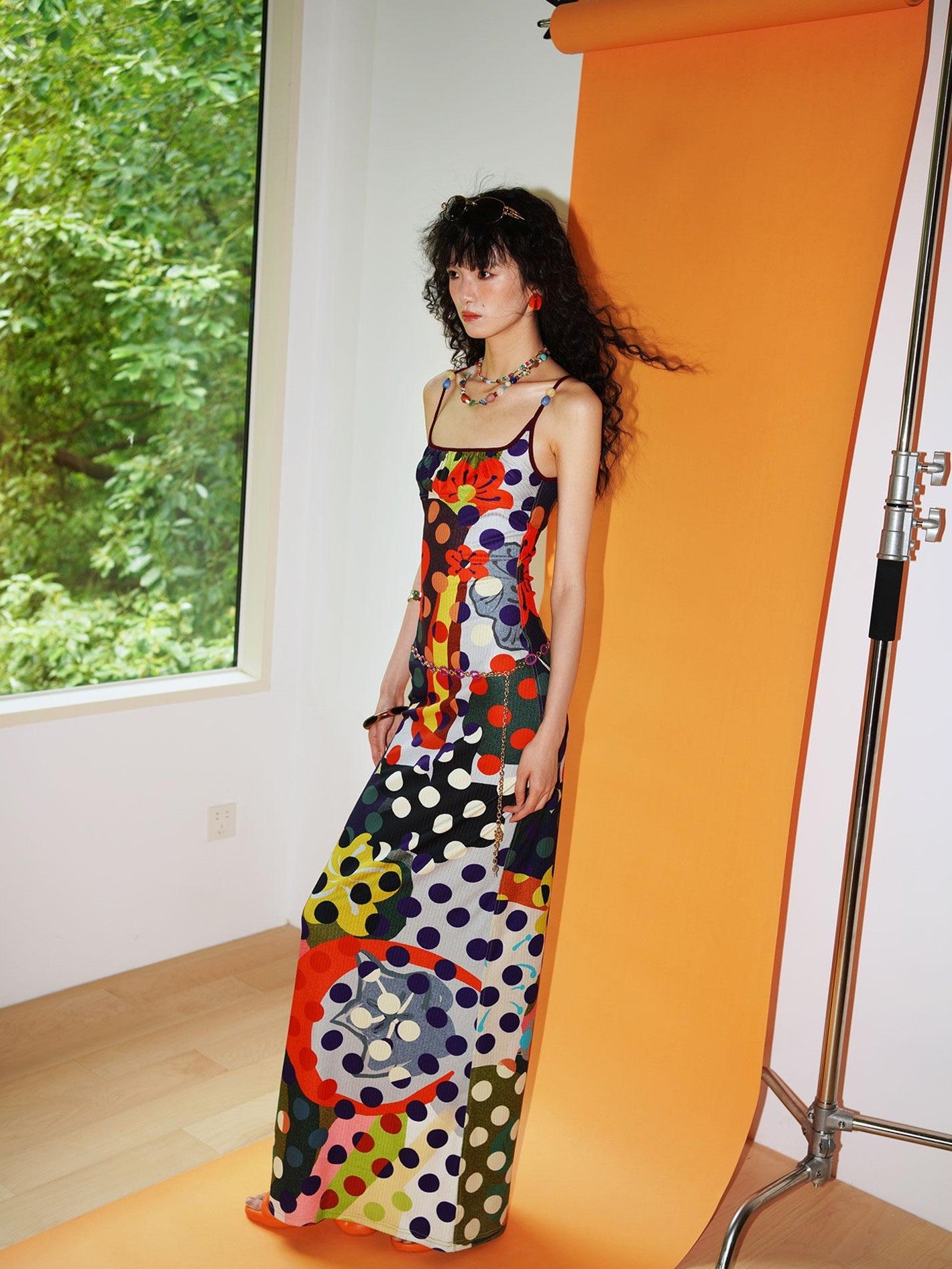 badtaste Western Colorblock Polka Dot Beaded Square Neck Women's Knit Slip Maxi Dresses