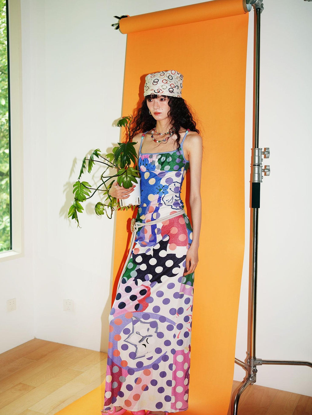 badtaste Western Colorblock Polka Dot Beaded Square Neck Women's Knit Slip Maxi Dresses