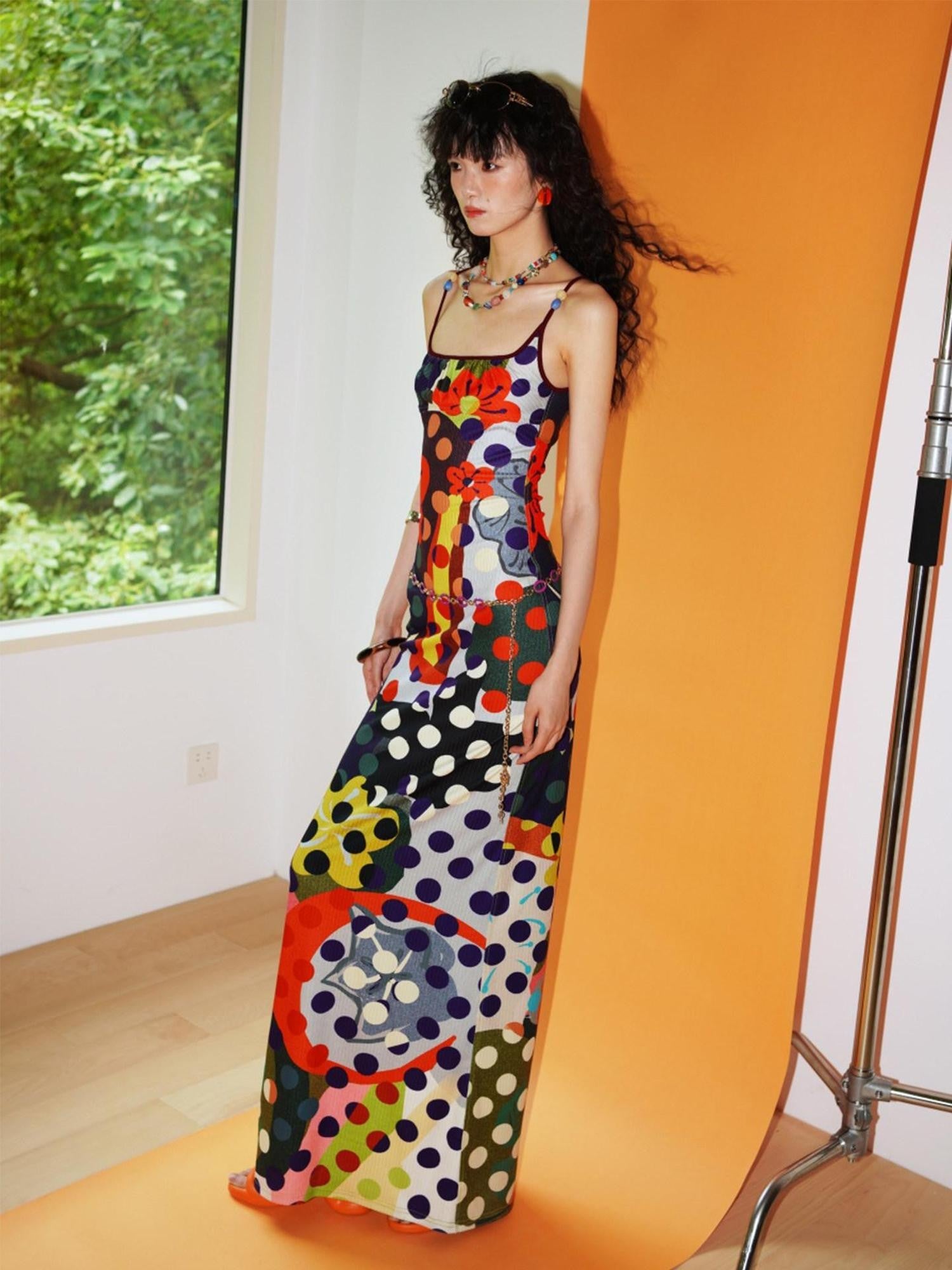 badtaste Western Colorblock Polka Dot Beaded Square Neck Women's Knit Slip Maxi Dresses