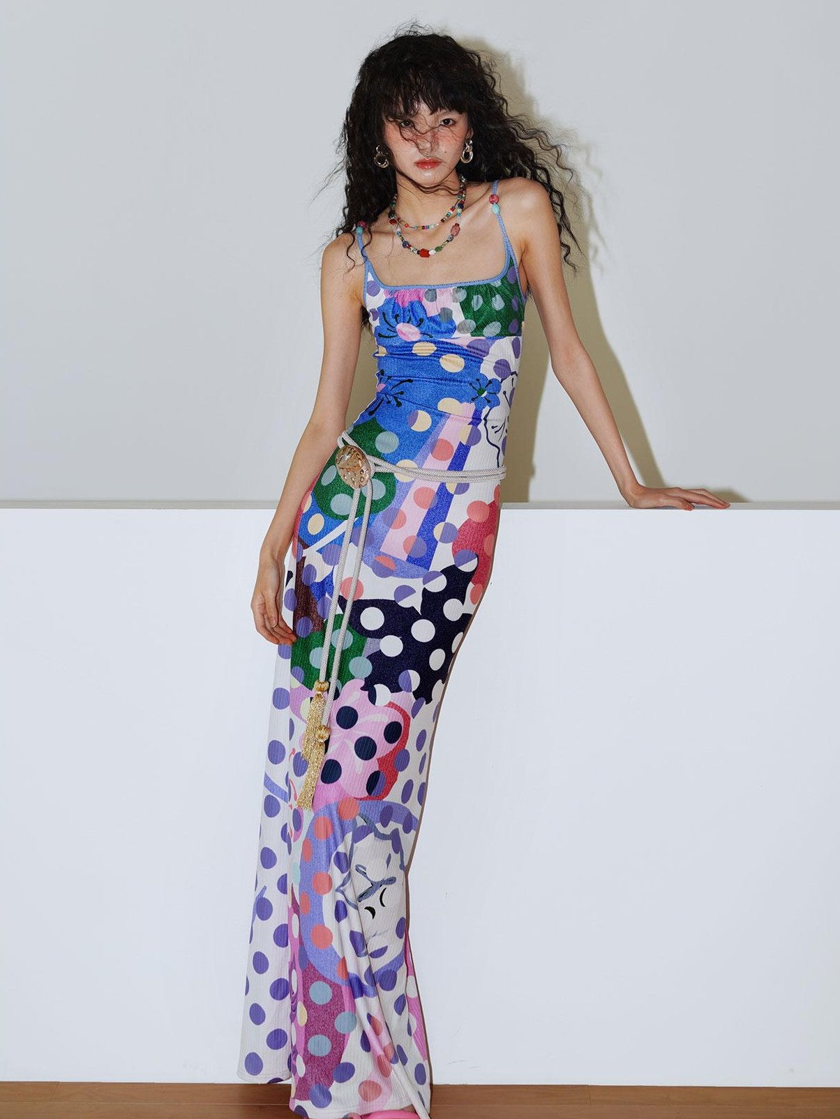 badtaste Western Colorblock Polka Dot Beaded Square Neck Women's Knit Slip Maxi Dresses