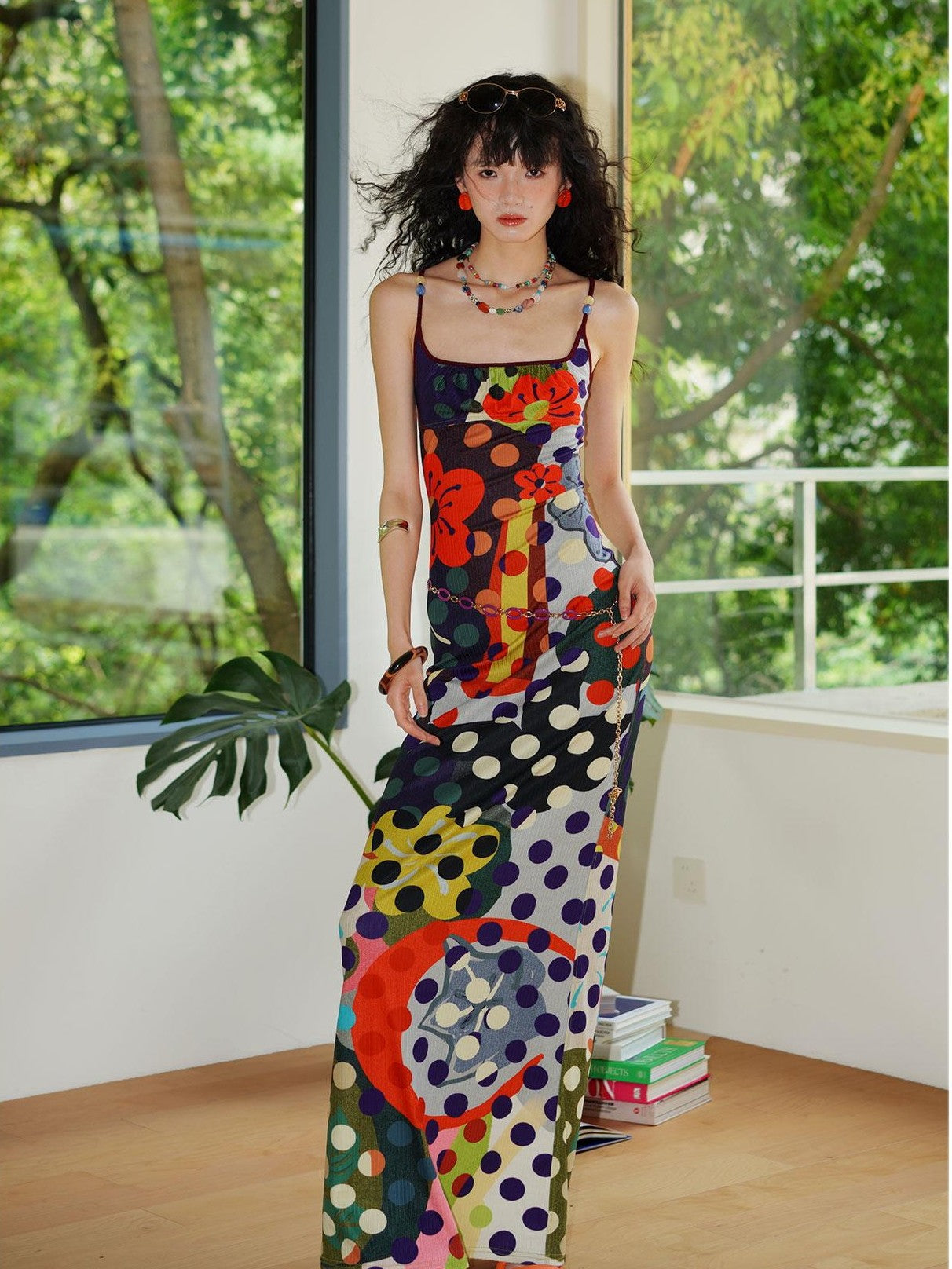badtaste Western Colorblock Polka Dot Beaded Square Neck Women's Knit Slip Maxi Dresses