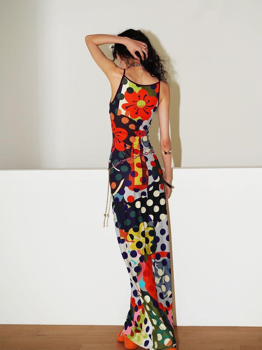 badtaste Western Colorblock Polka Dot Beaded Square Neck Women's Knit Slip Maxi Dresses