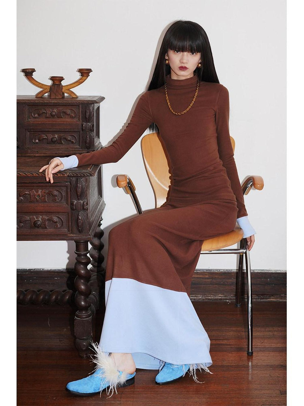 badtaste Western Colorblock Splice Women's Warm Fleece Bodycon Maxi Dresses