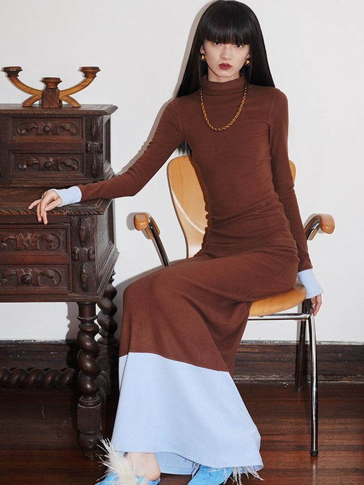 badtaste Western Colorblock Splice Women's Warm Fleece Bodycon Maxi Dresses