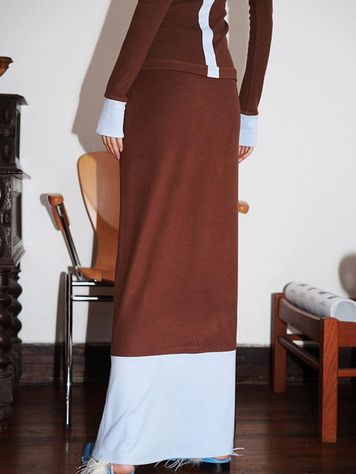 badtaste Western Colorblock Splice Women's Warm Fleece Bodycon Maxi Dresses