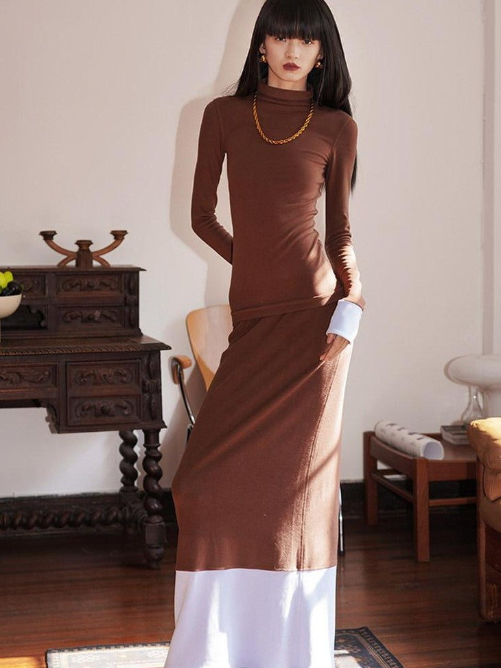 badtaste Western Colorblock Splice Women's Warm Fleece Bodycon Maxi Dresses