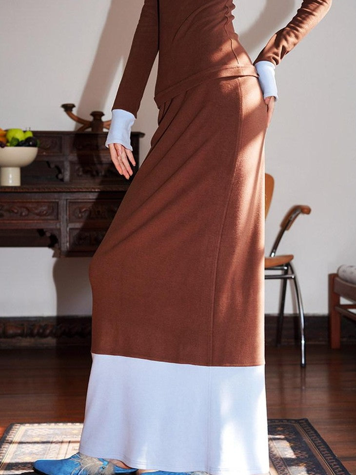 badtaste Western Colorblock Splice Women's Warm Fleece Bodycon Maxi Dresses