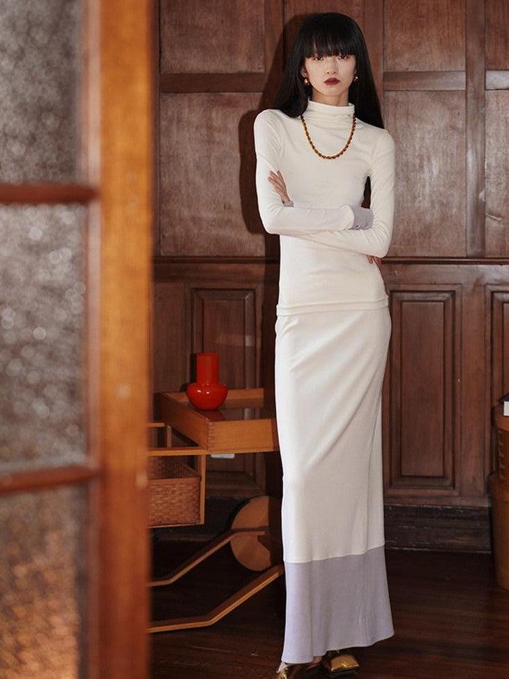 badtaste Western Colorblock Splice Women's Warm Fleece Bodycon Maxi Dresses