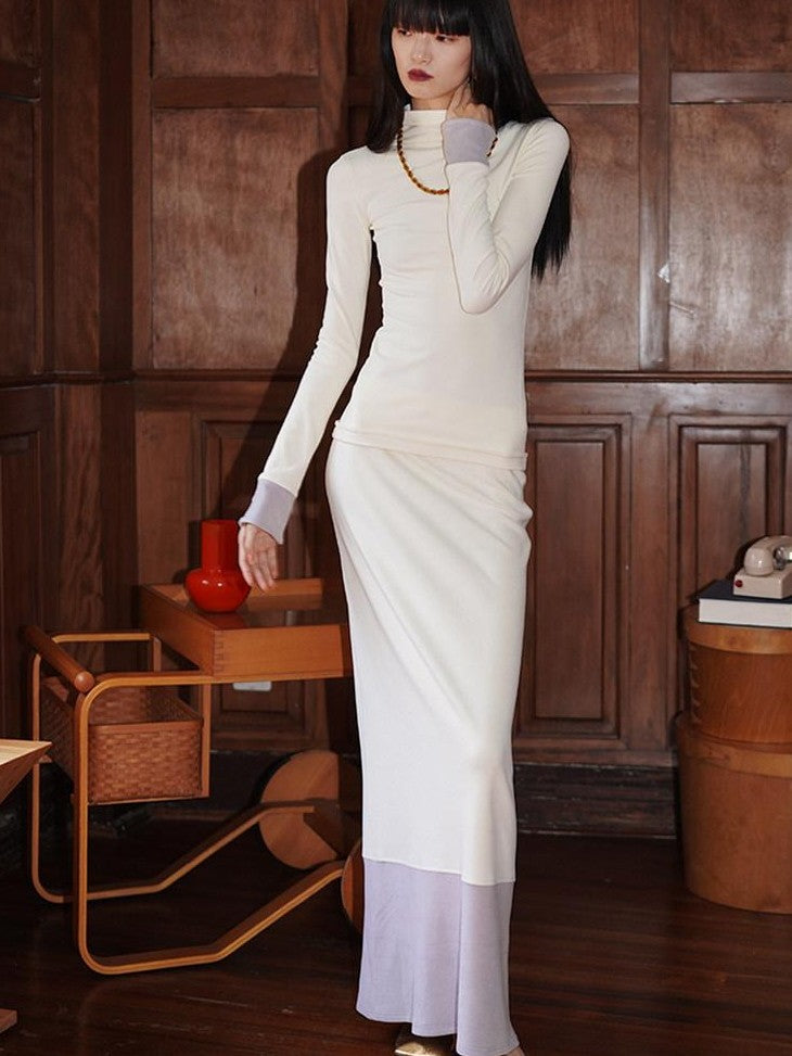badtaste Western Colorblock Splice Women's Warm Fleece Bodycon Maxi Dresses