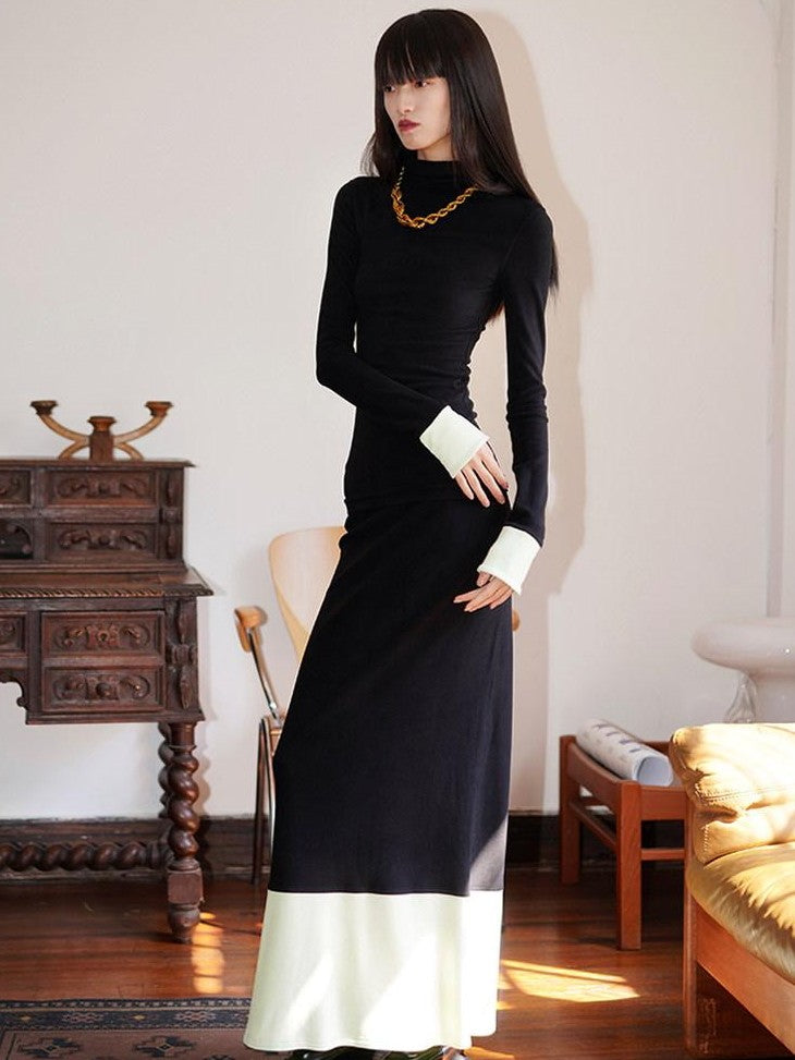 badtaste Western Colorblock Splice Women's Warm Fleece Bodycon Maxi Dresses