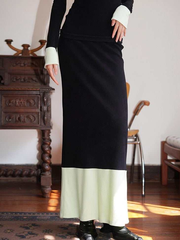 badtaste Western Colorblock Splice Women's Warm Fleece Bodycon Maxi Dresses