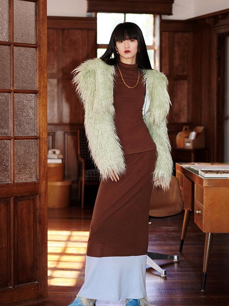 badtaste Western Colorblock Splice Women's Warm Fleece Bodycon Maxi Dresses