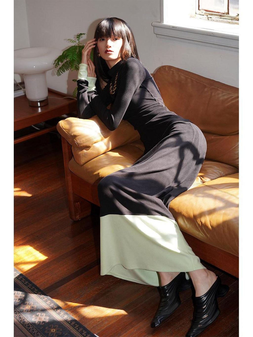badtaste Western Colorblock Splice Women's Warm Fleece Bodycon Maxi Dresses