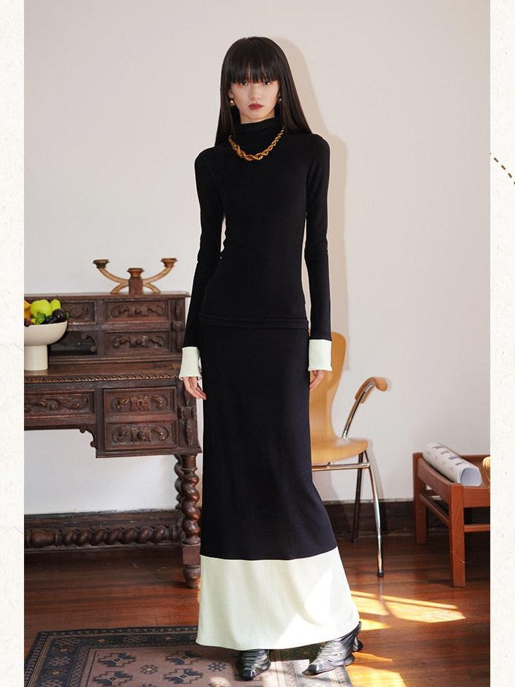 badtaste Western Colorblock Splice Women's Warm Fleece Bodycon Maxi Dresses