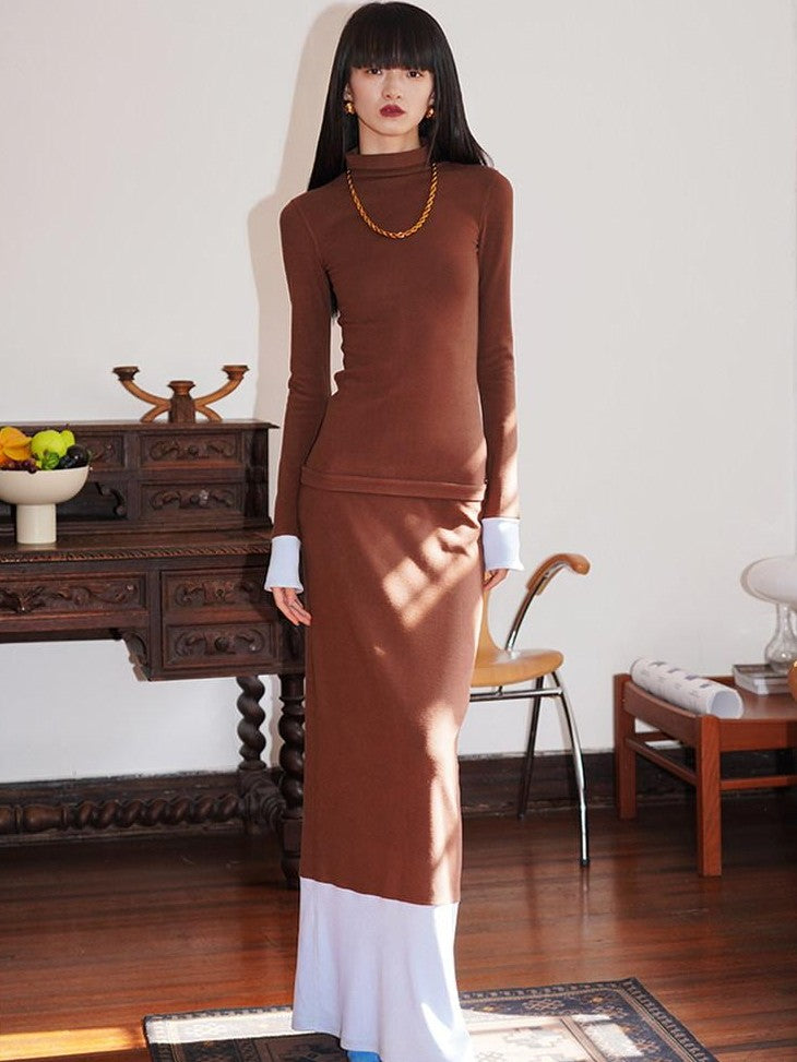badtaste Western Colorblock Splice Women's Warm Fleece Bodycon Maxi Dresses