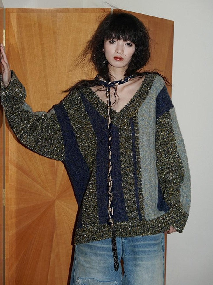 badtaste Western Colorblock V-neck Knit Custom Yarn Wool Blend Thick Women's Sweaters