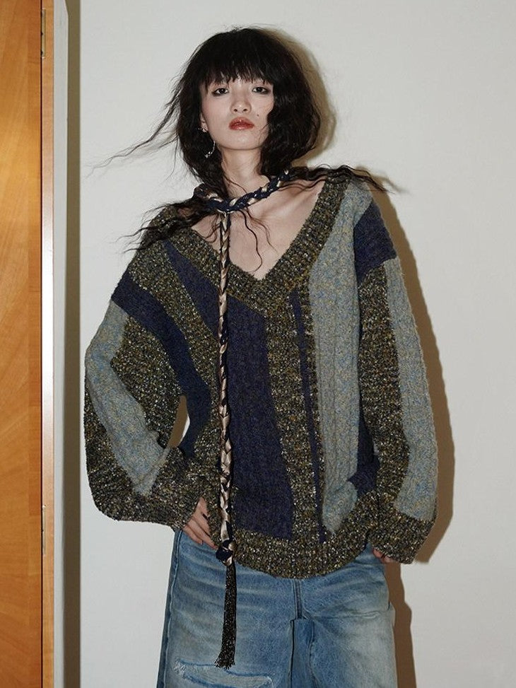 badtaste Western Colorblock V-neck Knit Custom Yarn Wool Blend Thick Women's Sweaters