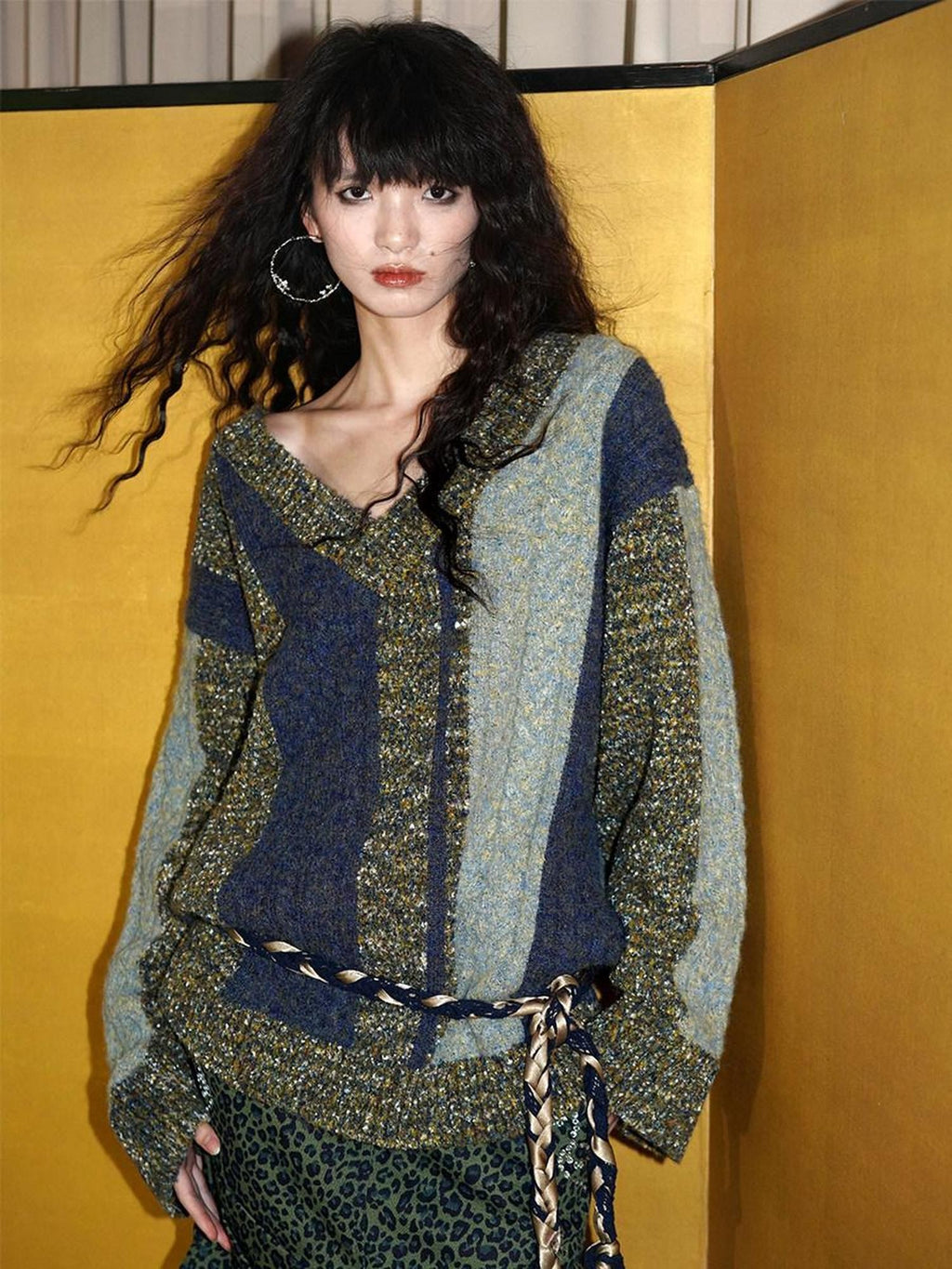 badtaste Western Colorblock V-neck Knit Custom Yarn Wool Blend Thick Women's Sweaters