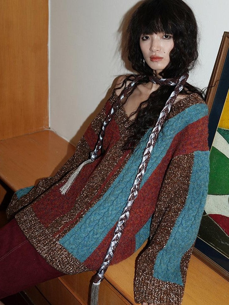 badtaste Western Colorblock V-neck Knit Custom Yarn Wool Blend Thick Women's Sweaters