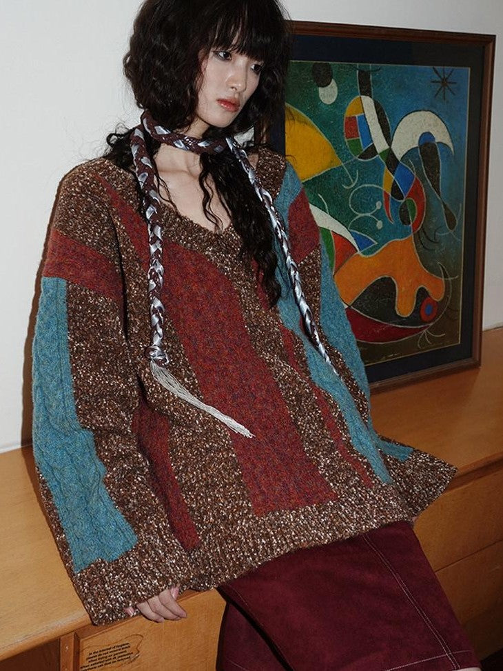 badtaste Western Colorblock V-neck Knit Custom Yarn Wool Blend Thick Women's Sweaters