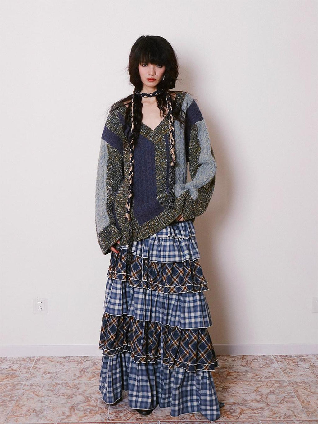 badtaste Western Colorblock V-neck Knit Custom Yarn Wool Blend Thick Women's Sweaters