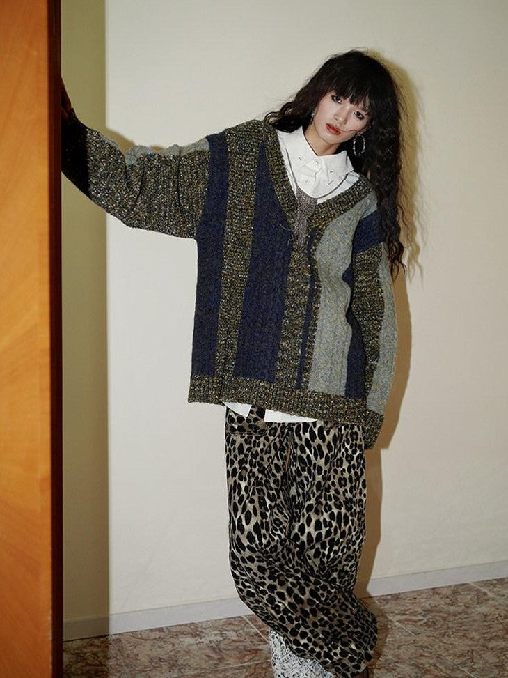badtaste Western Colorblock V-neck Knit Custom Yarn Wool Blend Thick Women's Sweaters