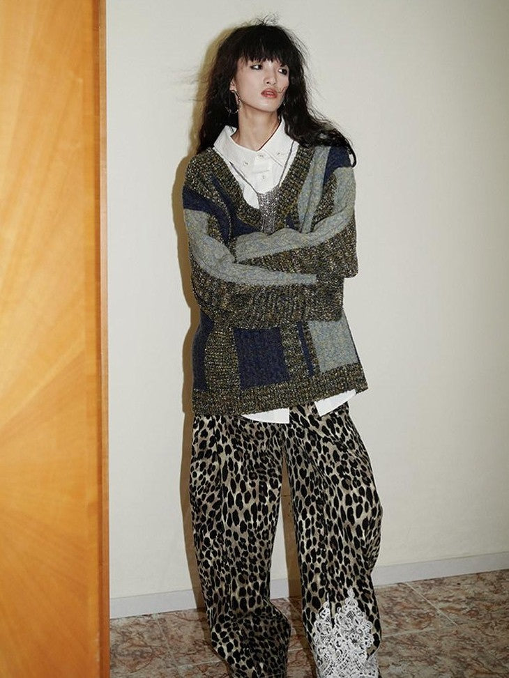 badtaste Western Colorblock V-neck Knit Custom Yarn Wool Blend Thick Women's Sweaters