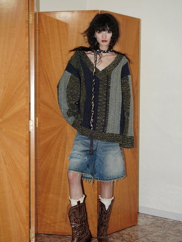 badtaste Western Colorblock V-neck Knit Custom Yarn Wool Blend Thick Women's Sweaters