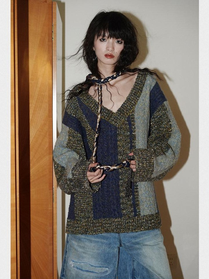 badtaste Western Colorblock V-neck Knit Custom Yarn Wool Blend Thick Women's Sweaters