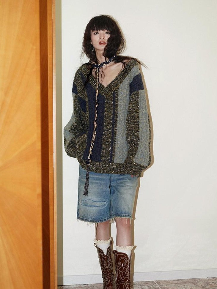 badtaste Western Colorblock V-neck Knit Custom Yarn Wool Blend Thick Women's Sweaters