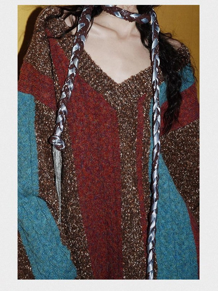 badtaste Western Colorblock V-neck Knit Custom Yarn Wool Blend Thick Women's Sweaters