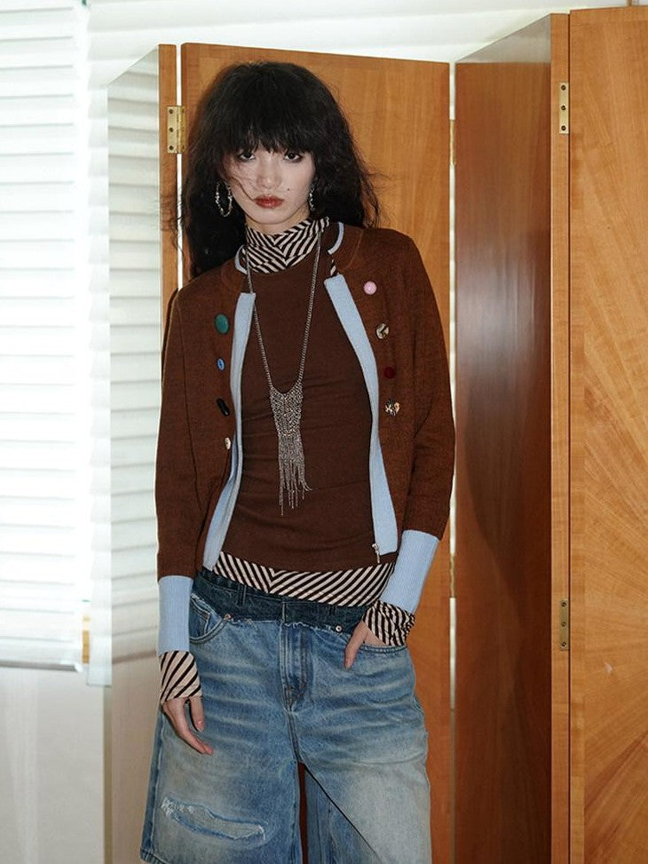 badtaste Western Contrast Color Faux Layered Cropped Women's Wool Blend Cardigans