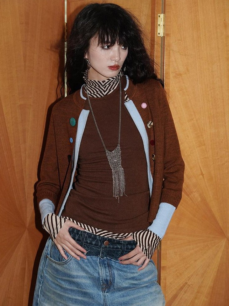 badtaste Western Contrast Color Faux Layered Cropped Women's Wool Blend Cardigans