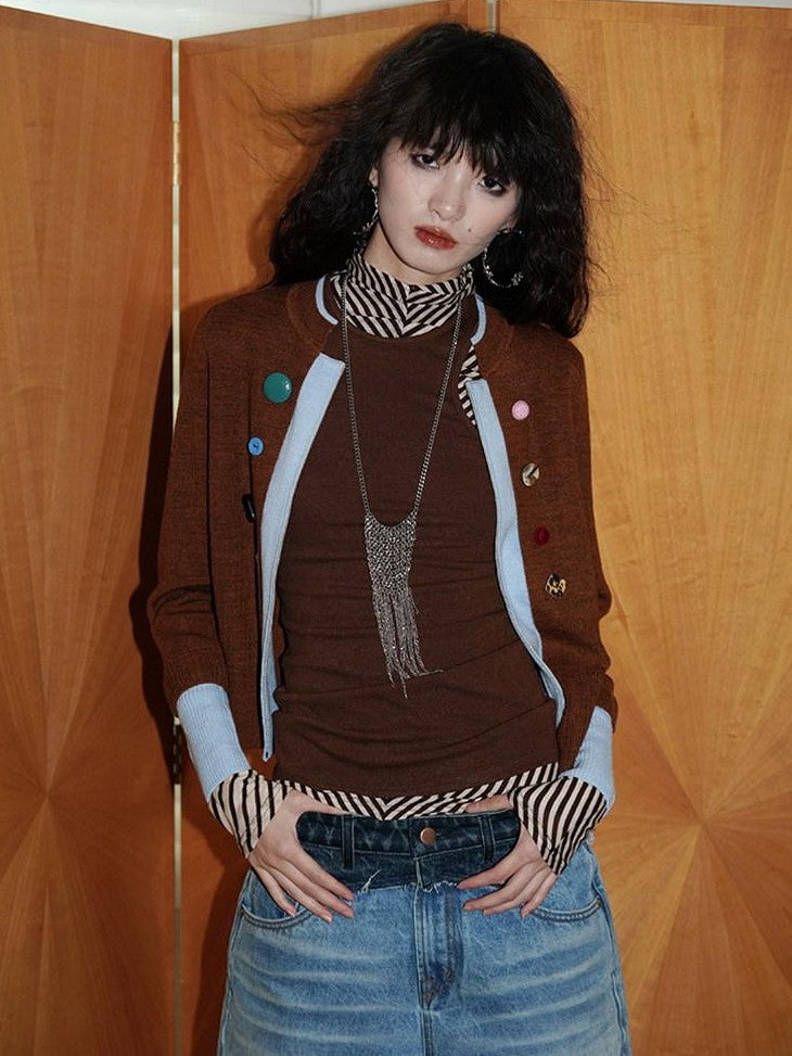 badtaste Western Contrast Color Faux Layered Cropped Women's Wool Blend Cardigans