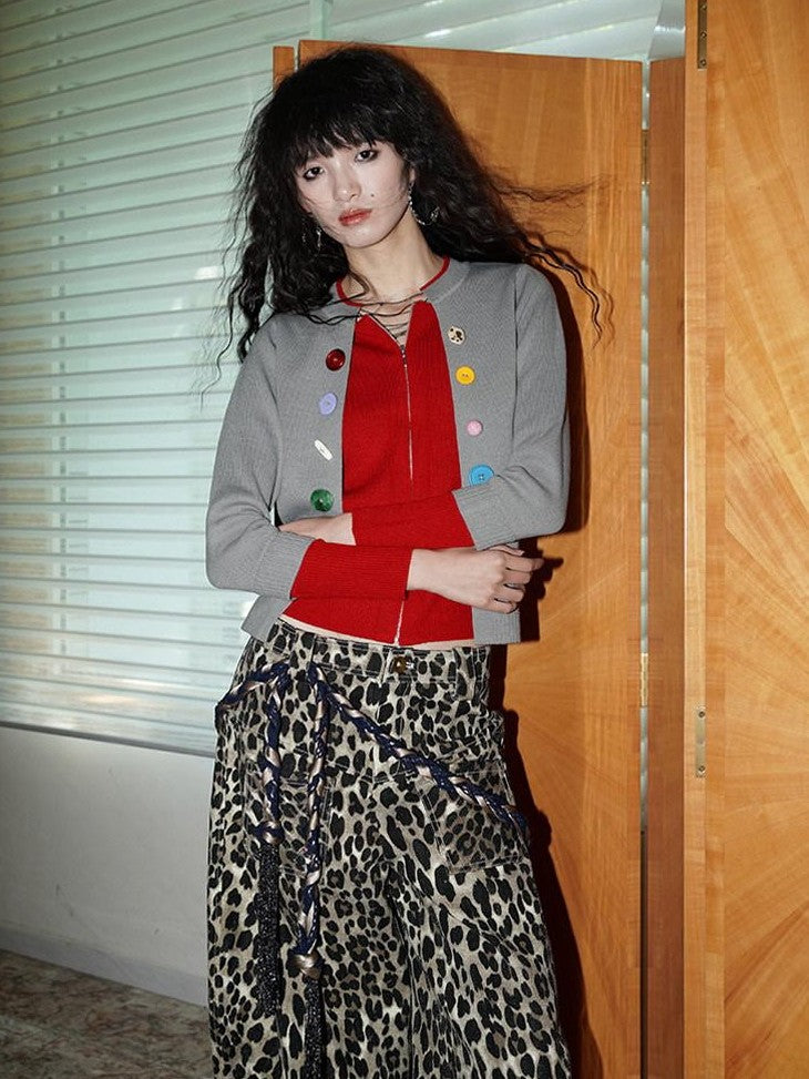 badtaste Western Contrast Color Faux Layered Cropped Women's Wool Blend Cardigans