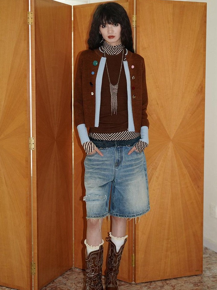 badtaste Western Contrast Color Faux Layered Cropped Women's Wool Blend Cardigans