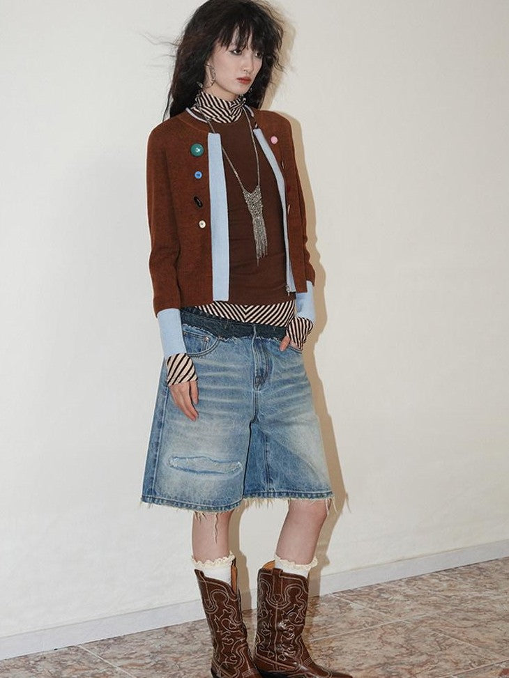 badtaste Western Contrast Color Faux Layered Cropped Women's Wool Blend Cardigans