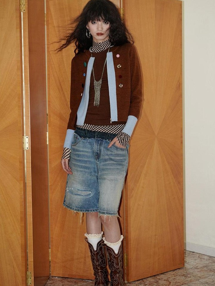 badtaste Western Contrast Color Faux Layered Cropped Women's Wool Blend Cardigans