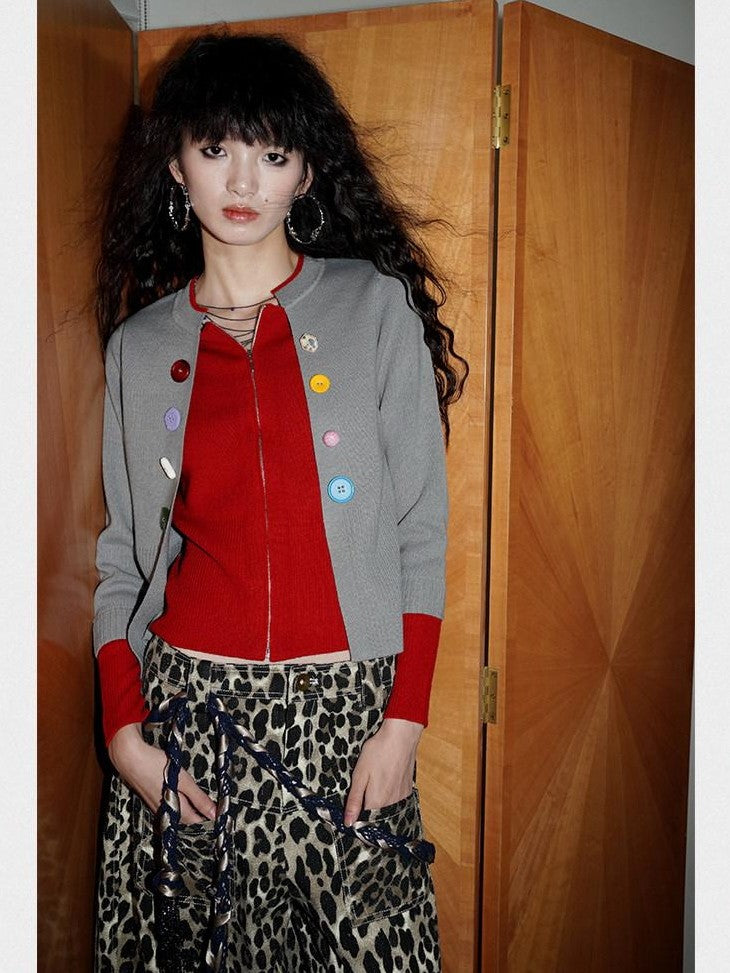 badtaste Western Contrast Color Faux Layered Cropped Women's Wool Blend Cardigans